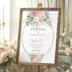 Affiche Bienvenue à la Sweet Sixteen Rose et Or Élégante