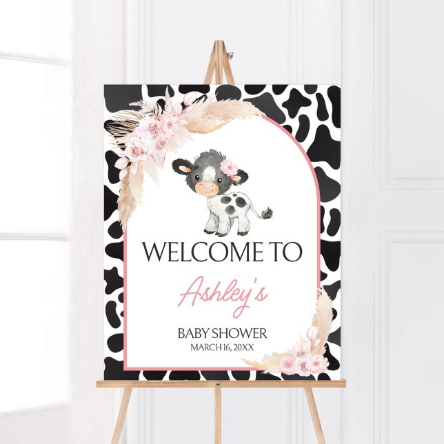 Affiche Bienvenue à la vache rose Boho Highland (Girl Floral Highland Cow Baby Shower Welcome Sign)