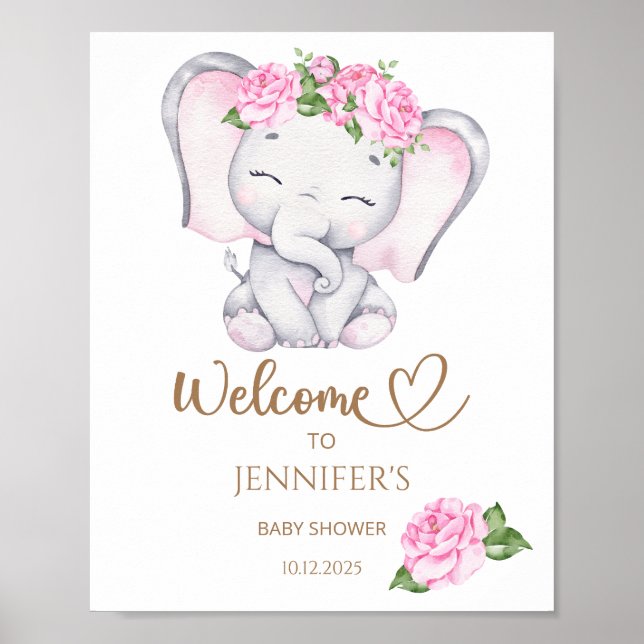 Affiche Bienvenue à l'éléphant et au Baby shower de fleurs (Devant)
