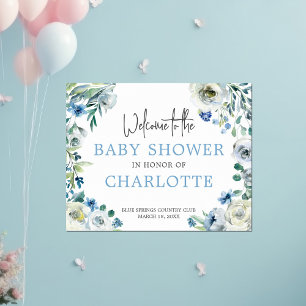 Affiche Bienvenue à notre Baby shower Elégant bleu floral