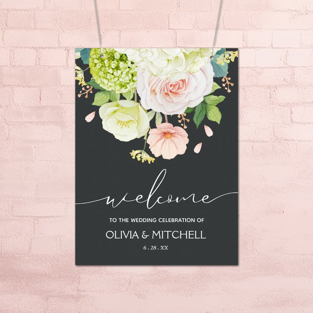 Affiche Bienvenue à Notre Floral Mariage (Flowers on Pale Onyx Wedding Welcome Poster - INSTANT DOWNLOAD or PRINTED (framed, too))