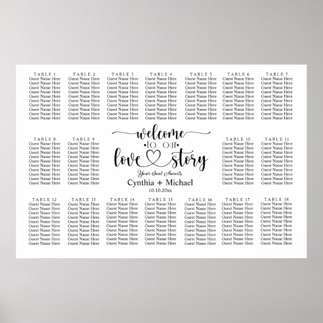 Affiche Bienvenue à notre Love Story 18 Table Mariage Seat (Devant)