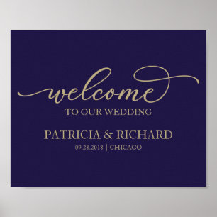 Affiche Bienvenue à notre mariage Chic Or Script Bleu Mari