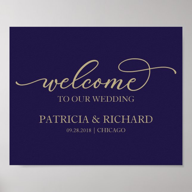 Affiche Bienvenue à notre mariage Chic Or Script Bleu Mari (Devant)