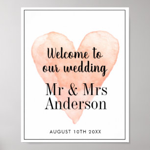 Affiche Bienvenue à notre mariage corail aquarelle cœur