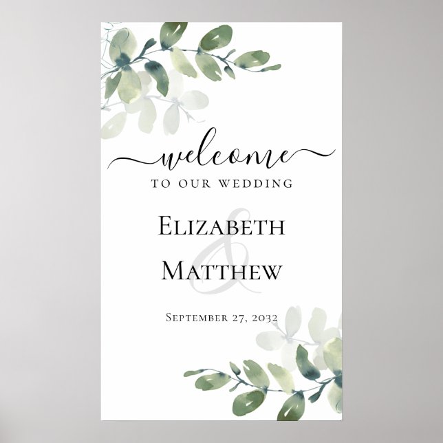 Affiche Bienvenue à Notre Mariage Eucalyptus Mariage Sign (Devant)