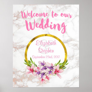 Affiche Bienvenue à notre Mariage Floral et Marbre