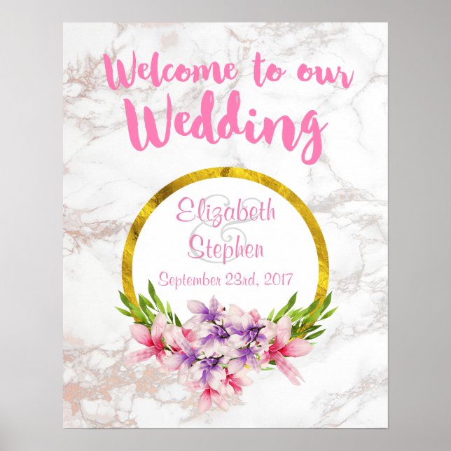 Affiche Bienvenue à notre Mariage Floral et Marbre (Devant)
