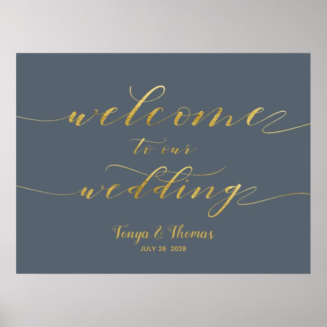 Affiche Bienvenue À Notre Mariage Gold Swash Calligraphie  (Devant)