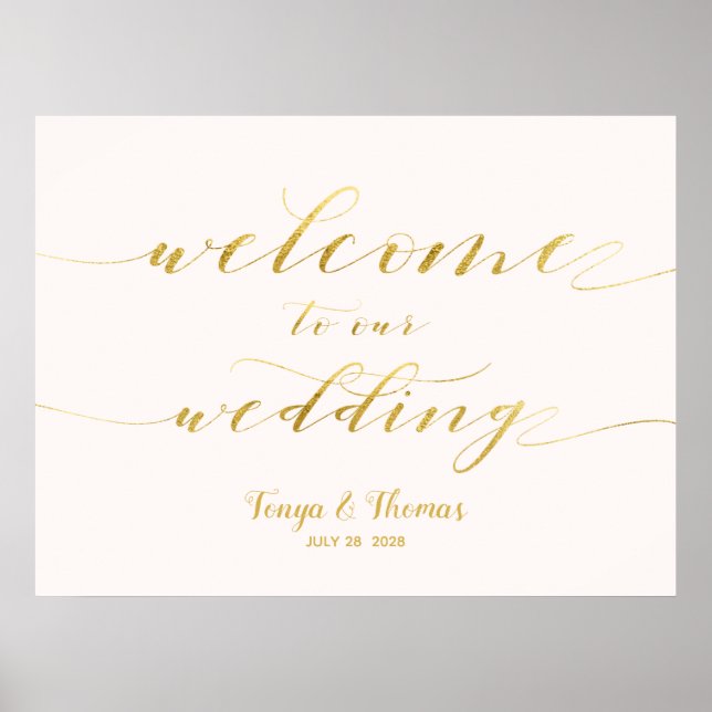 Affiche Bienvenue À Notre Mariage Gold Swash Calligraphie  (Devant)