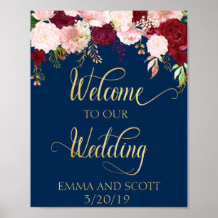 Affiche Bienvenue à notre mariage marine bordeaux or