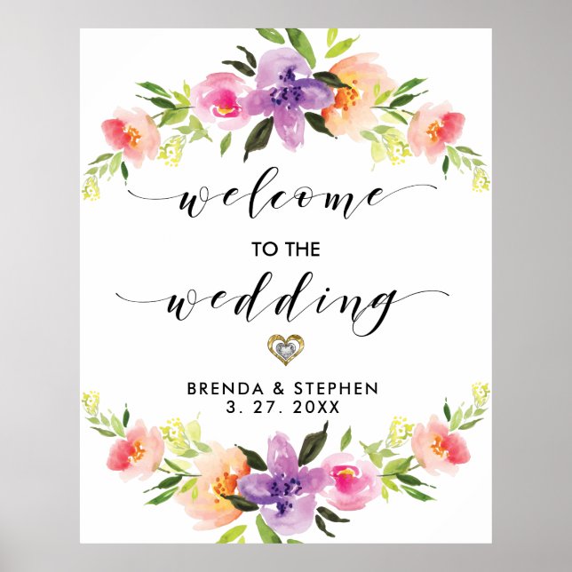 Affiche Bienvenue à notre mariage typographie et fleurs mo (Devant)