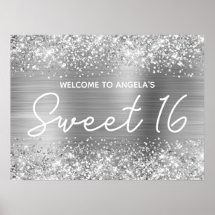 Affiche Bienvenue à Sweet 16 Paillettes et Feuille d'Argen