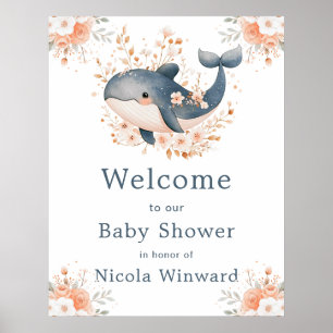 Affiche Bienvenue à une Baby Shower Baleine Florale Mignon