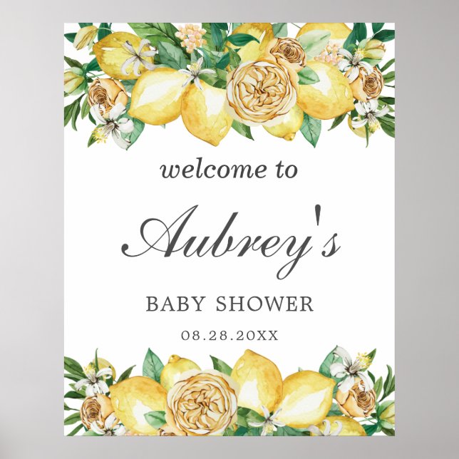 Affiche Bienvenue à une Baby Shower Élégante aux Citrons e (Devant)