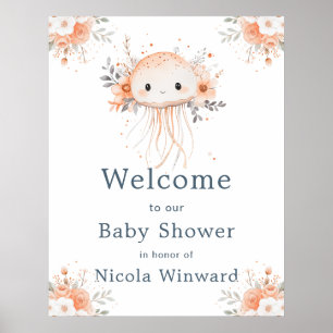 Affiche Bienvenue à une Baby Shower Méduse Florale Mignonn