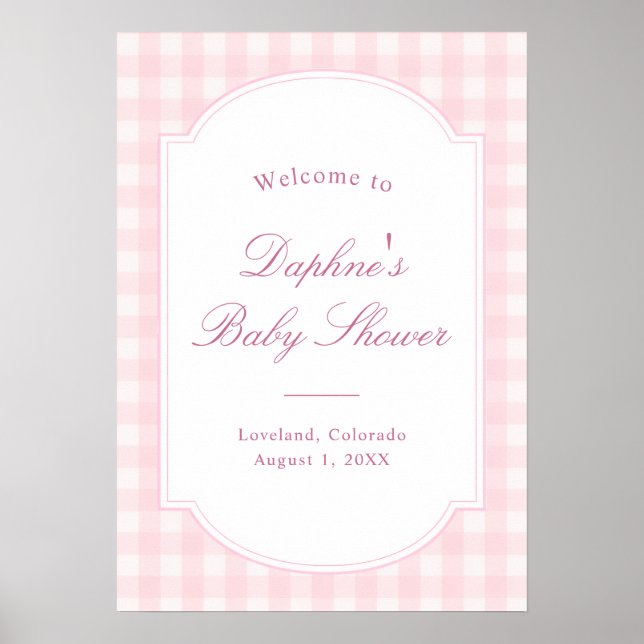 Affiche Bienvenue à une Baby Shower Rose Gingham Classique (Devant)