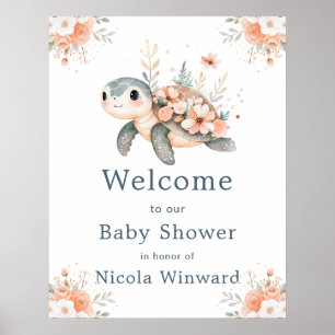 Affiche Bienvenue à une Baby Shower Tortue Florale Mignonn