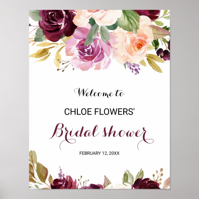 Affiche Bienvenue à une douche de mariage florale bordeaux (Devant)