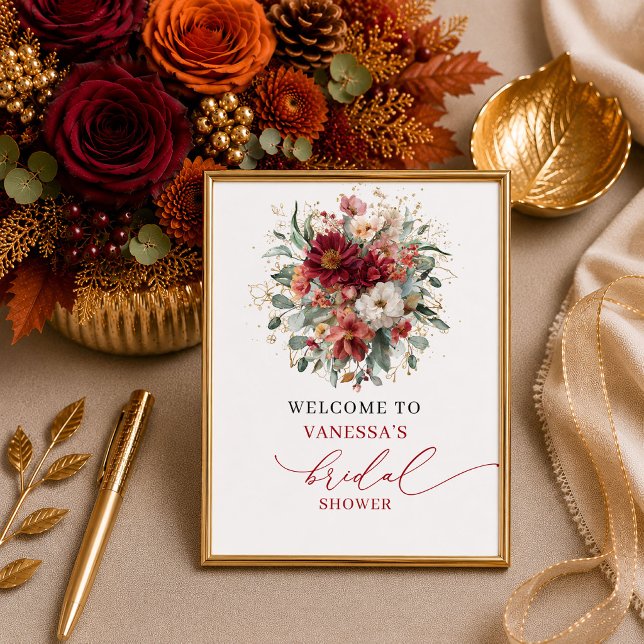 Affiche Bienvenue à une douche de mariage romantique autom (Romantic autumn marsala floral bridal shower welcome sign

)