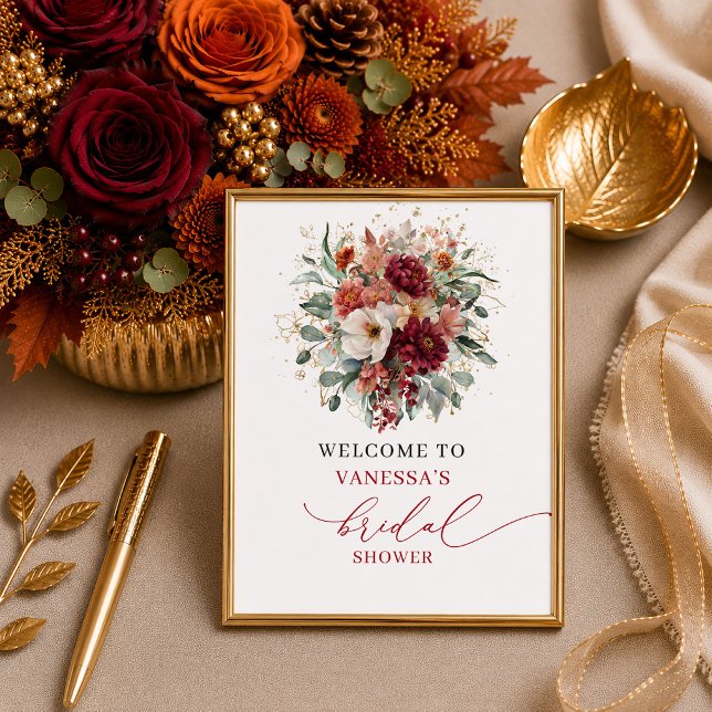 Affiche Bienvenue à une douche de mariage romantique autom (Romantic autumn marsala floral bridal shower welcome sign print

)