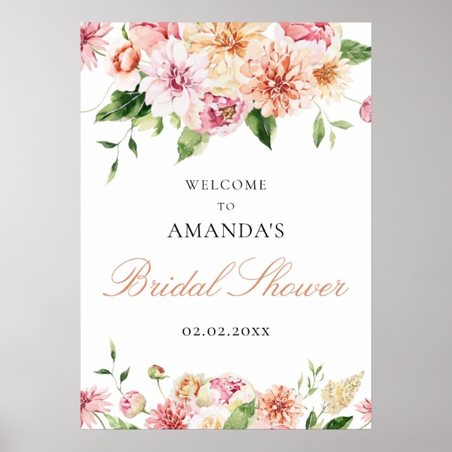 Affiche Bienvenue à une douche de mariage romantique flora (Devant)