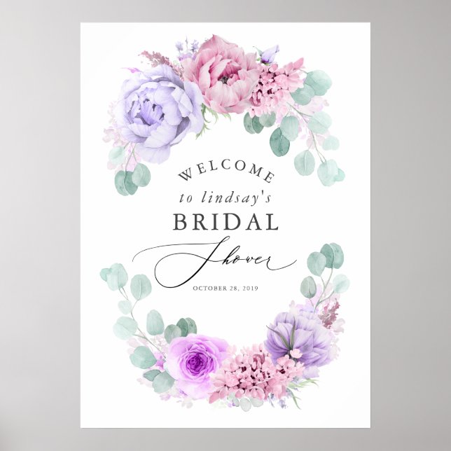 Affiche Bienvenue à une douche nuptiale aux fleurs violett (Devant)