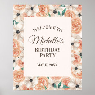 Affiche Bienvenue à une fête d'anniversaire avec des fleur