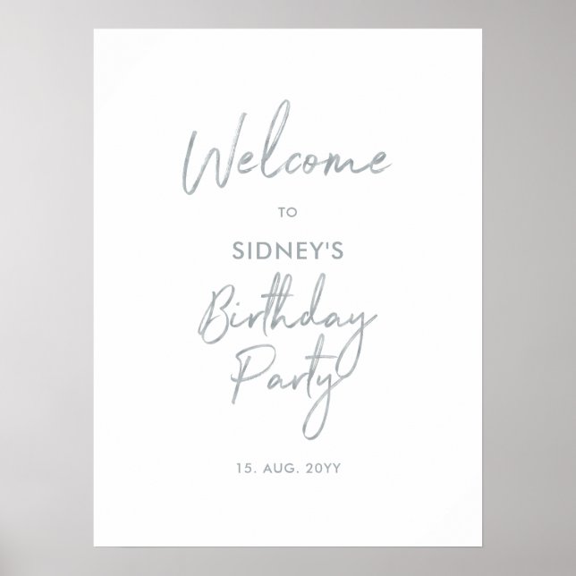Affiche Bienvenue à une fête d'anniversaire moderne argent (Devant)
