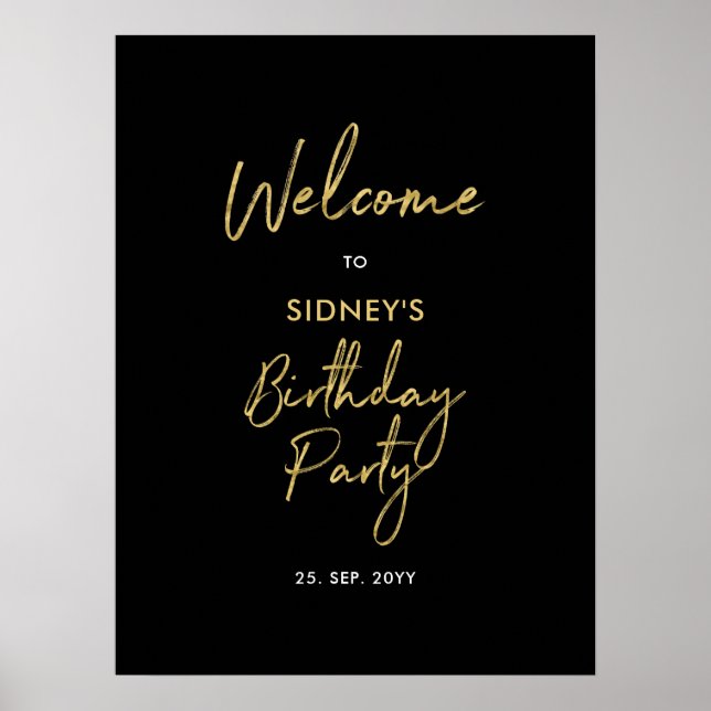 Affiche Bienvenue à une fête d'anniversaire moderne Or & N (Devant)