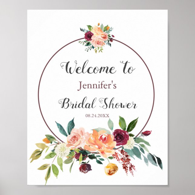Affiche Bienvenue à une réception de mariage Burgundy Blus (Devant)