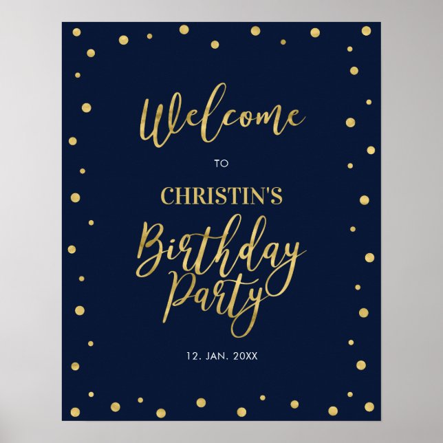 Affiche Bienvenue à votre fête d'anniversaire Gold & Navy  (Devant)