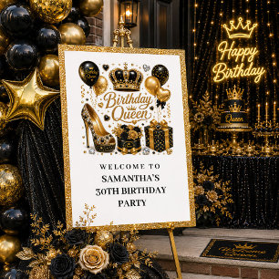 Affiche Bienvenue Anniversaire Reine Noir Or Élégant Étinc