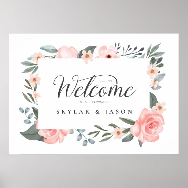Affiche Bienvenue Aquarelle Florale Rose & Folithe Cadre (Devant)