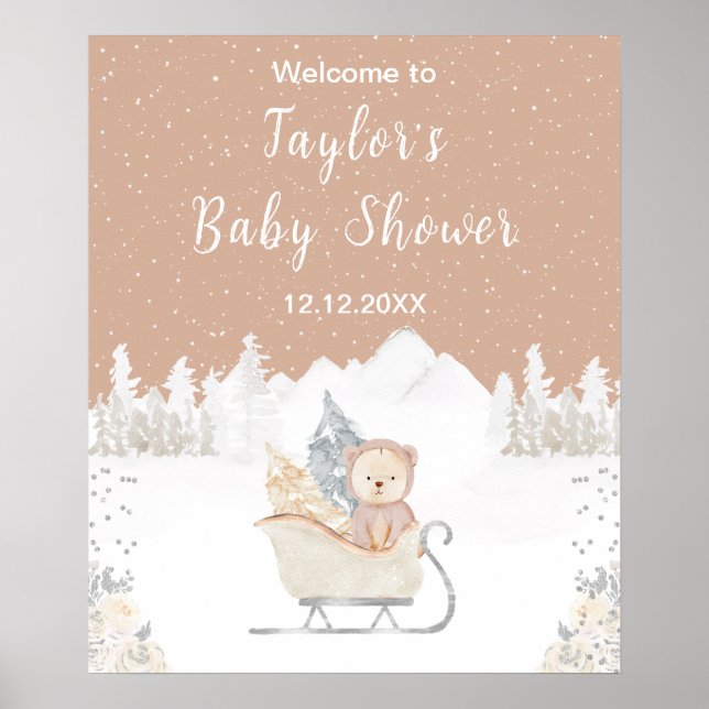 Affiche Bienvenue au Baby shower Brown de traîneau de l'ou (Devant)