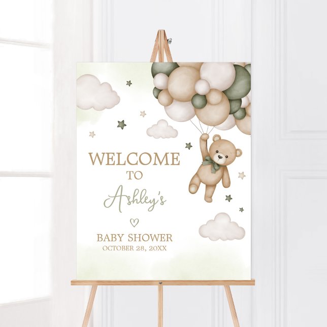 Affiche Bienvenue au Baby shower de ballon d'ours vert (Boho Bear Baby Shower Welcome Sign)