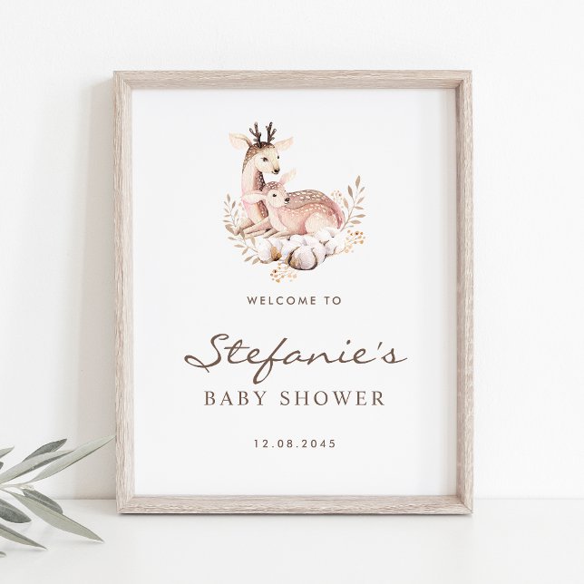 Affiche Bienvenue au Baby shower de bois de cerfs de maman (Woodland theme baby shower welcome sign featuring watercolor mommy and baby deer. )