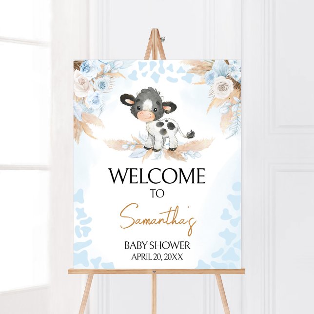 Affiche Bienvenue au Baby shower de la vache bleue (Boy Highland Cow Baby Shower Welcome Sign)