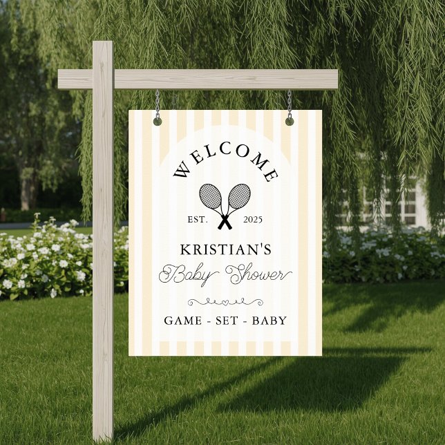 Affiche Bienvenue au Baby shower de tennis Jaune Preppy (elegant yellow striped baby shower welcome sign for tennis theme preppy chic event with arch design)