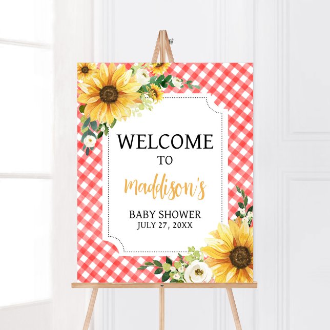 Affiche Bienvenue au Baby shower de tournesol Red Picnic (Floral Picnic Baby Shower Welcome Sign)