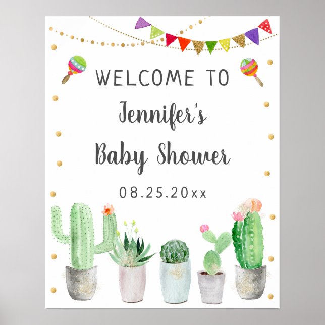 Affiche Bienvenue au Baby shower Gold Fiesta Cactus (Devant)