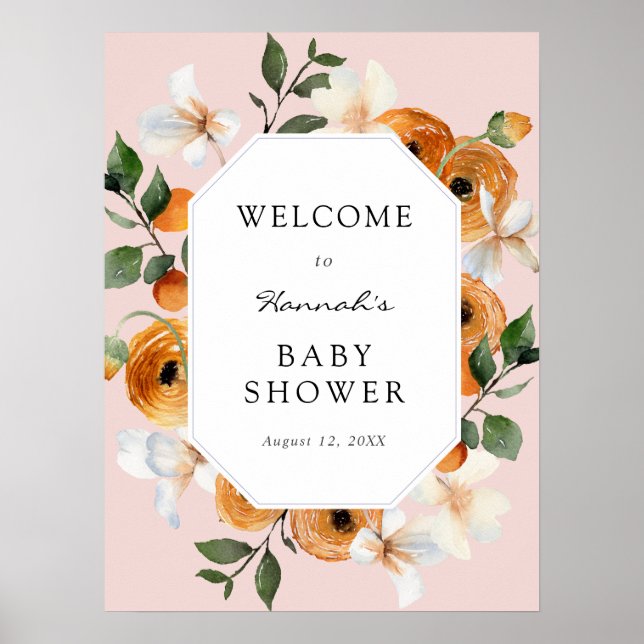 Affiche Bienvenue au Baby Shower Po de Fleurs d'Orange Cle (Devant)