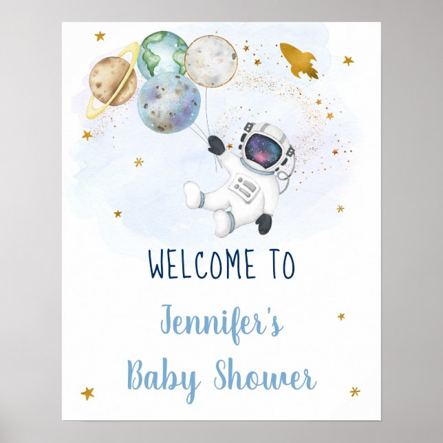 Affiche Bienvenue au Baby shower spatial en or bleu astron (Devant)
