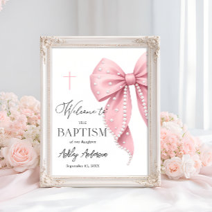 Affiche Bienvenue au baptême au ruban rose perle