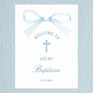 Affiche Bienvenue au baptême avec un nœud bleu aquarelle
