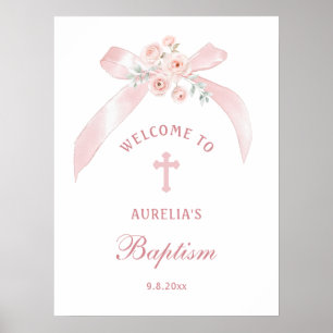 Affiche Bienvenue au baptême avec un nœud rose floral