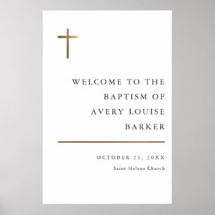 Affiche Bienvenue au baptême de croix dorée minimaliste mo