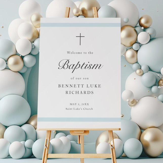 Affiche Bienvenue au baptême de garçon d'élégance moderne (An elegant boys baptism welcome sign poster. Also, available as a downloadable file.)