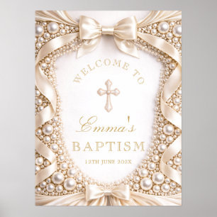 Affiche Bienvenue au baptême de luxe perle et ruban de sat
