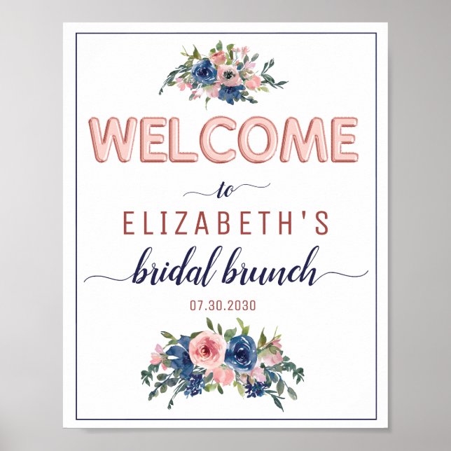 Affiche Bienvenue au brunch de mariage floral Navy Blush R (Devant)